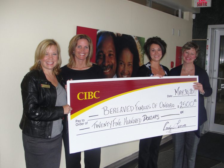 Pictured left to right: Carolyn Lemire (Manager CIBC Pitt & Second Street), Traci Trottier (accepting the $2,500 cheque on behalf of BFO), Elyse Lauzon-Alguire (accepting the $2,500 cheque on behalf of BFO) and Bonnie Wilson (Financial Advisor CIBC Brookdale & CIBC Pitt & Second Street).