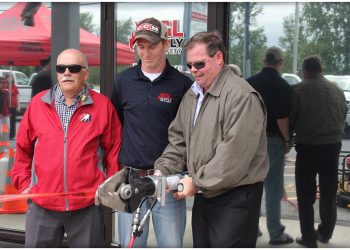 Pictured from left are Councillor Richard Waldroff, Dylan Prendergast, M&L Supply, Retail Manager and Mayor Bryan McGillis