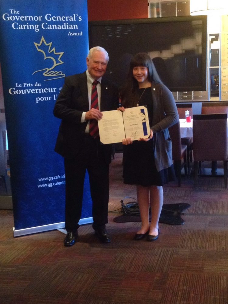 (Pictured above: CCVS student Lauren Thomas receives
Governor General's Caring Canadian Award.)