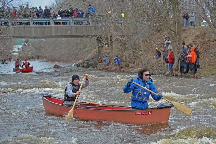 Spectators cheer on 350 paddlers from start to finish along 47th Annual Raisin River Canoe Race (photo credit : Rob Fry).