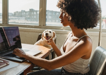 african american female freelancer with laptop and dog