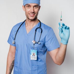 cheerful tattooed doctor with syringe in uniform