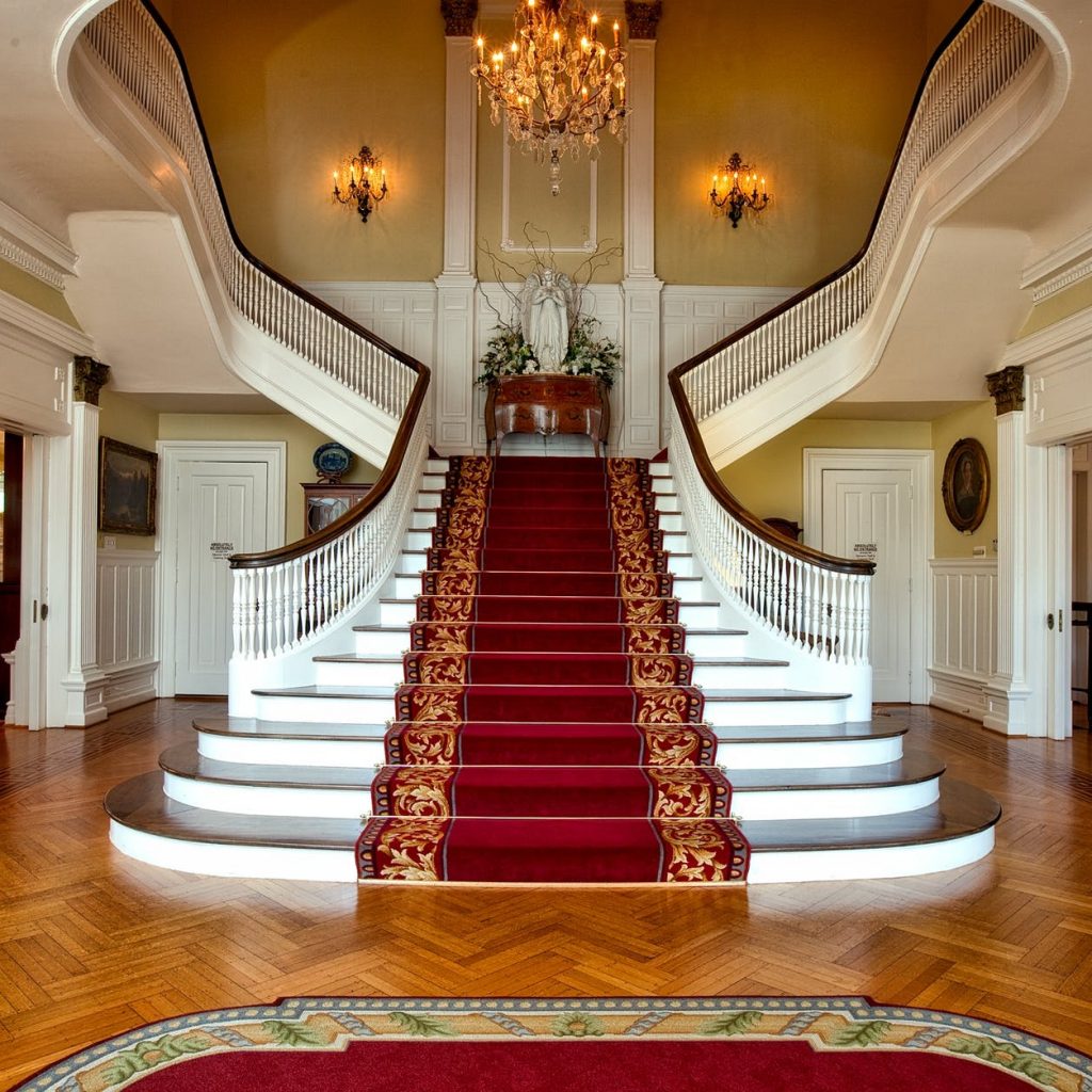 red and brown floral stair carpet
