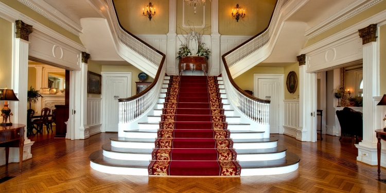 red and brown floral stair carpet