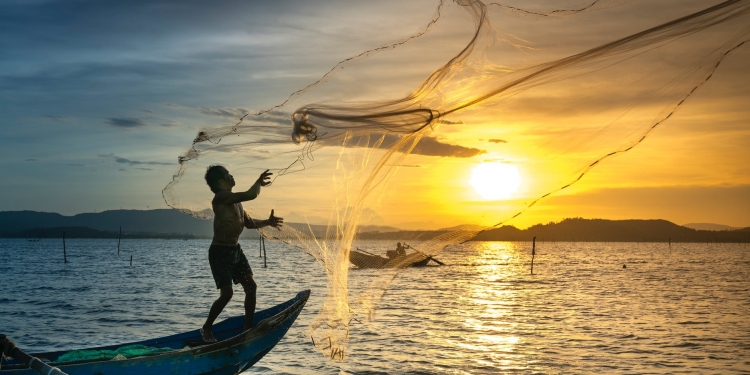 person throwing fish net while standing on boat