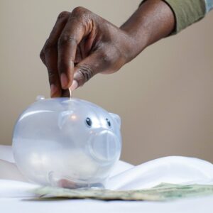 person putting coin in a piggy bank