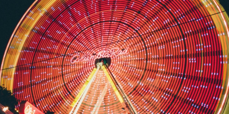 time lapse photo of red and yellow lighted ferris wheel