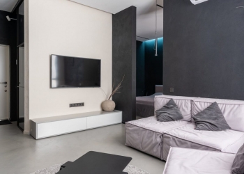 cozy living room with sofas and television set