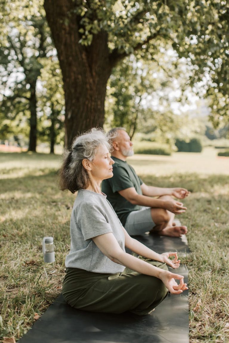 elderly people meditating in the park
