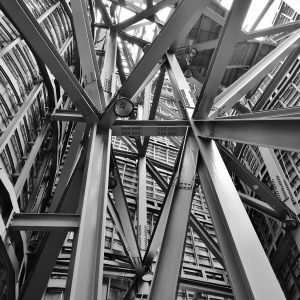 grayscale photography of scafoldings