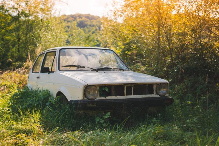 abandoned white car on the grass