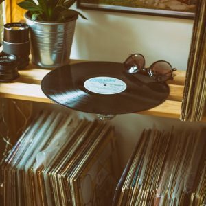 vinyl disc on top of shelf