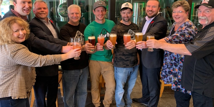 From left at the Lost Villages Brewery grand opening are South Stormont Councillors Jennifer MacIsaac and Andrew Guindon, Mayor Bryan McGillis, LVB owners Kevin Baker, Matt Kamm and John Wright, MP Eric Duncan, SDG Counties Warden Carma Williams and South Stormont Deputy Mayor David Smith.