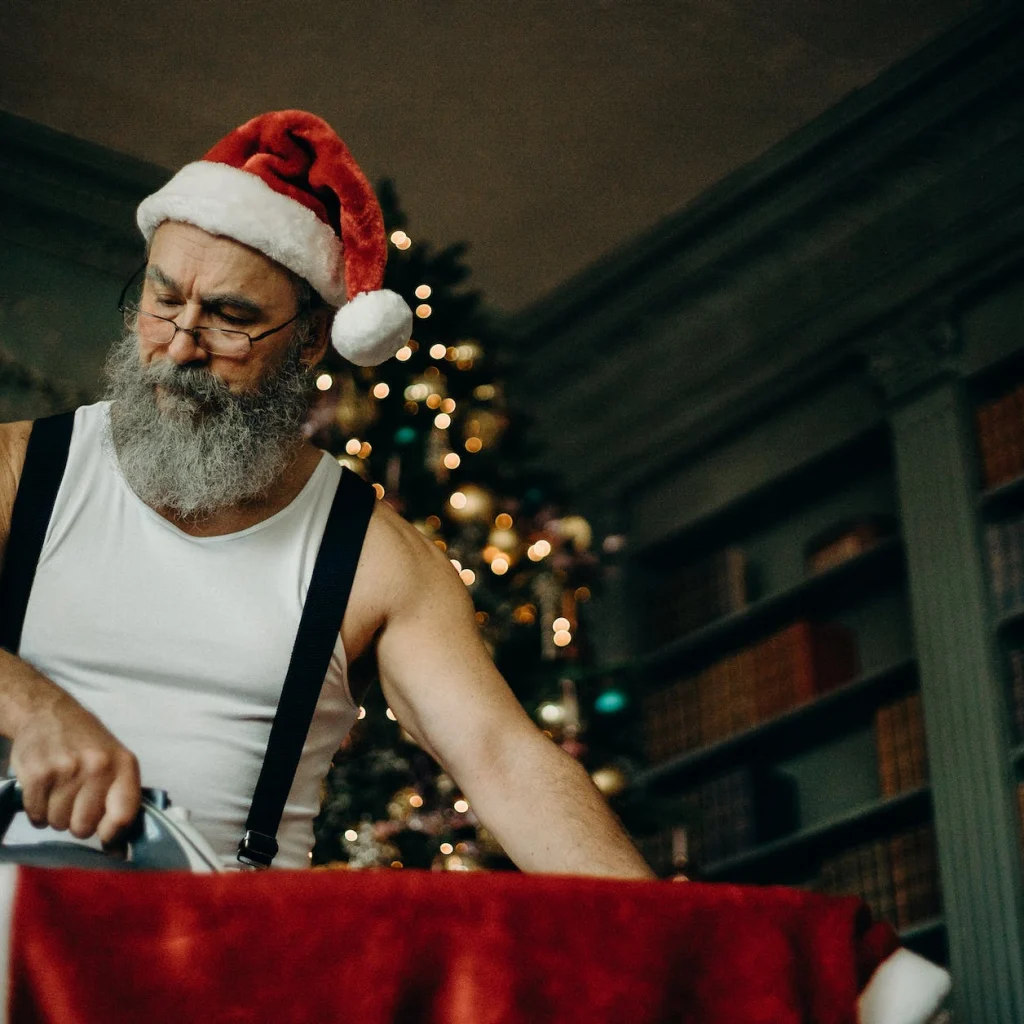 man in white tank top ironing red top