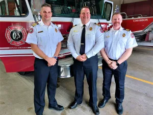 (Left to right) Cornwall Fire Service Deputy Chief Leighton Woods, Chief Matthew Stephenson and Deputy Chief Addison Pelkey. — photo City of Cornwall