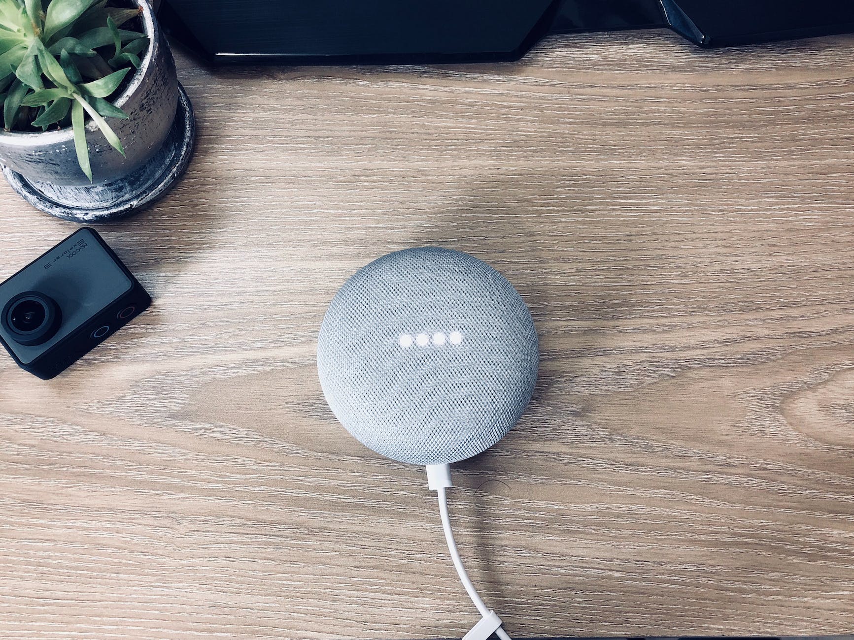 smart speaker composed with action camera and houseplant on wooden table