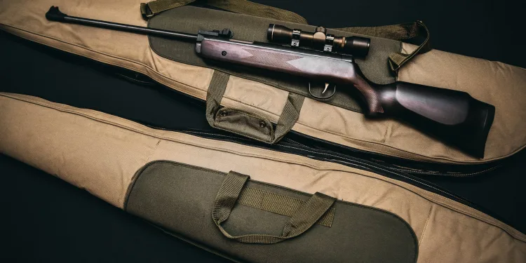 black rifle with scope and brown gig bag