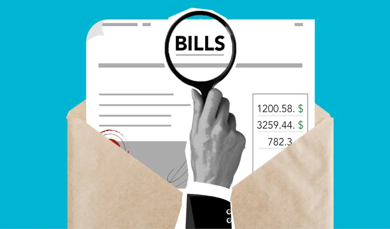 cutout paper of man examining bills through magnifying glass