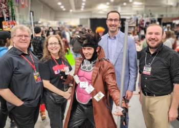 Cosplayer Robby Eccleshall pictured centre at CAPE 2023. Randy and Carol Sauve on the left, and MPP Nolan Quinn and MP Eric Duncan to the right.