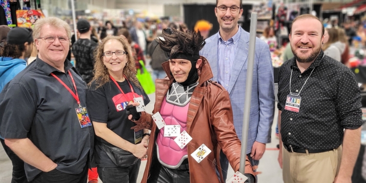 Cosplayer Robby Eccleshall pictured centre at CAPE 2023. Randy and Carol Sauve on the left, and MPP Nolan Quinn and MP Eric Duncan to the right.