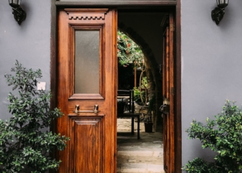 Opened Brown Wooden French Door