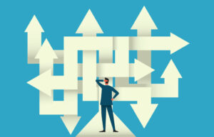 Businessman on a crossroad flat vector illustration