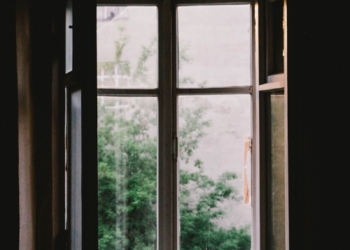 open casement window near plants