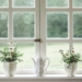 white teapot and tow flower vases on windowpane
