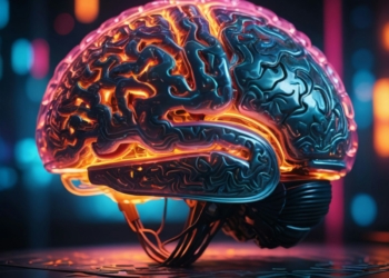 a glowing brain model sitting on top of a table