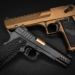 a gold and black gun on a black background