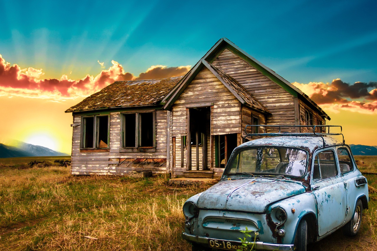 car, abandoned house, old house