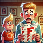 cartoon of father looking at his son's failing report card