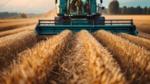 A combine harvester efficiently harvesting a golden wheat field, highlighting the process of grain collection and the agricultural machinery at work, in a sunlit plain.
