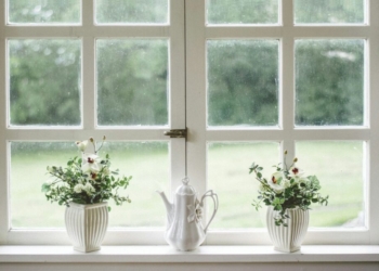 white teapot and tow flower vases on windowpane