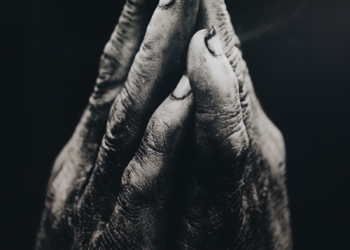 grayscale photography of praying hands