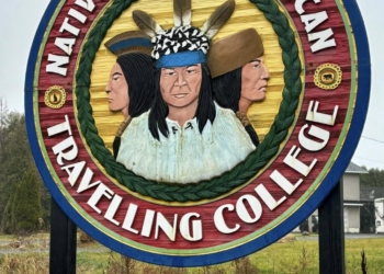 Native North American Travelling College sign in Akwesasne