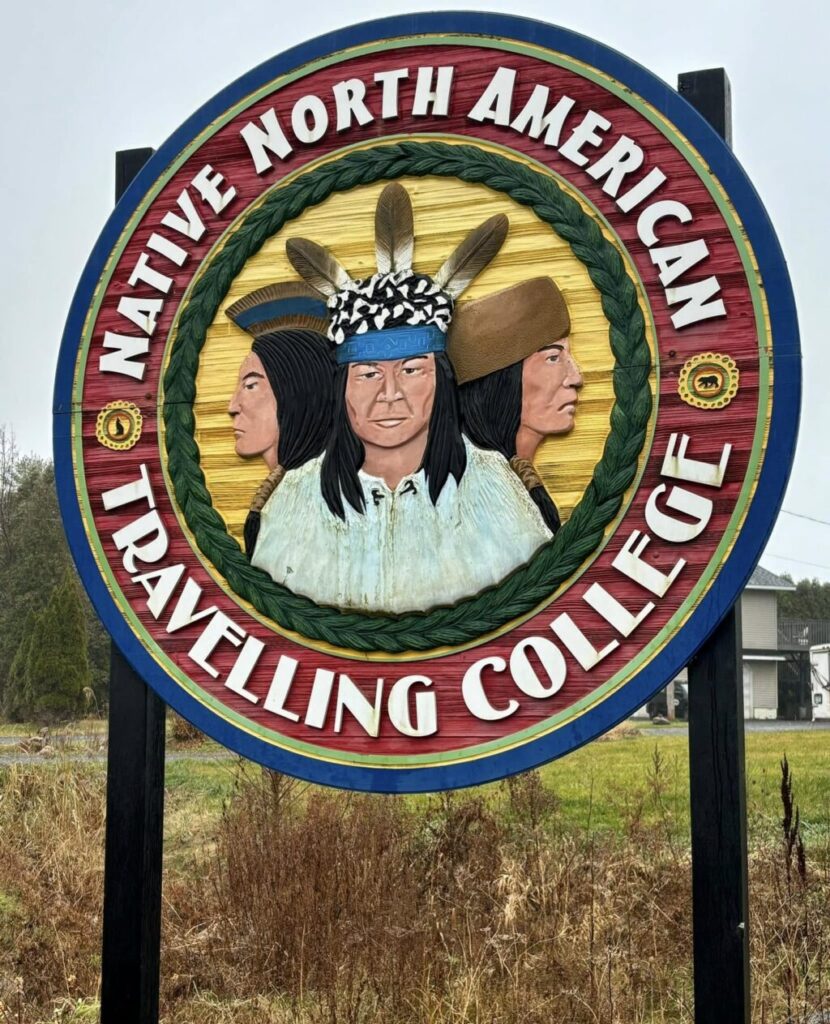 Native North American Travelling College sign in Akwesasne