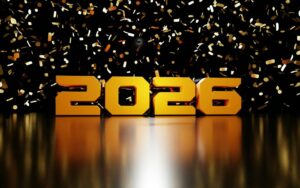 Golden 2026 text with falling confetti