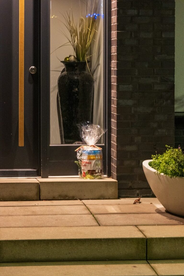 Gift wrapped package on doorstep near front door