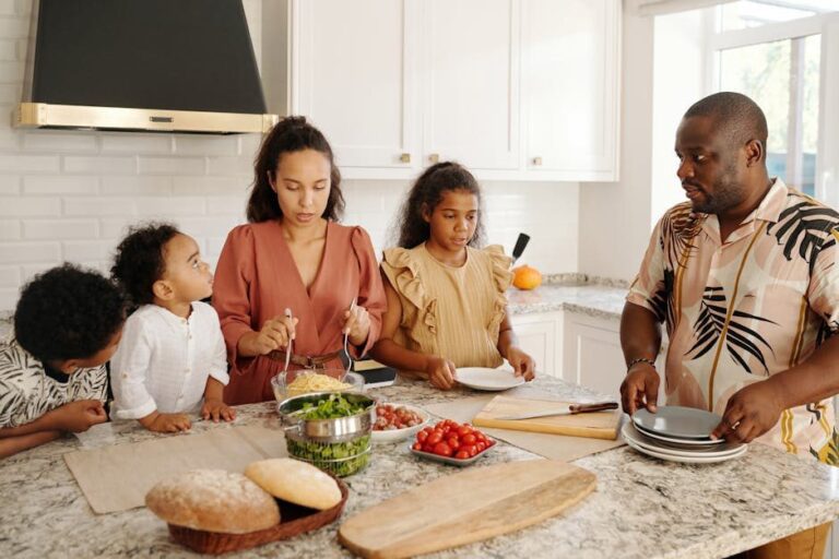 A Canadian family preparing a healthy meal together in the kitchen