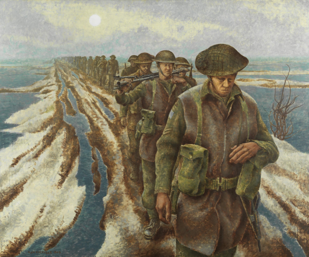 Alex Colville, Infantry, near Nijmegen, Holland, 1946, oil on canvas, Canadian War Museum