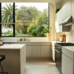 modern kitchen with island and large window