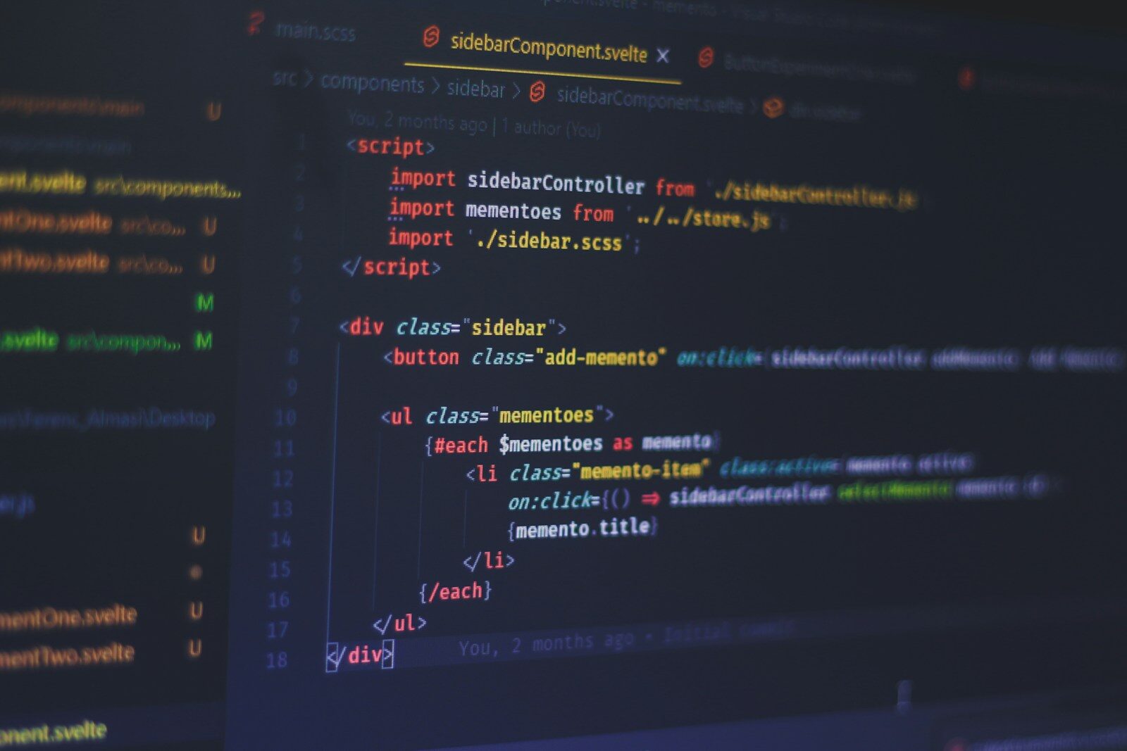 Svelte code displayed on a dark computer screen in a code editor