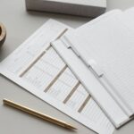 A finance tracker planner with budget sheets, a gold pen, and paper clips