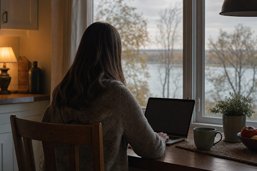 A woman sits at a kitchen table facing a window with a laptop open, a river visible through bare trees outside.