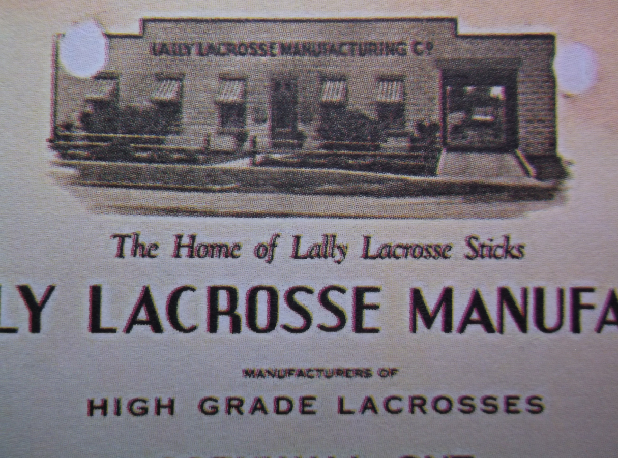 Letterhead for THE LALLY LACROSSE MANUFACTURING COMPANY, depicting their concrete block Cumberland St. factory, built in 1920 and now occupied by J.F. Markell Homes