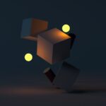 floating cubes and glowing yellow spheres